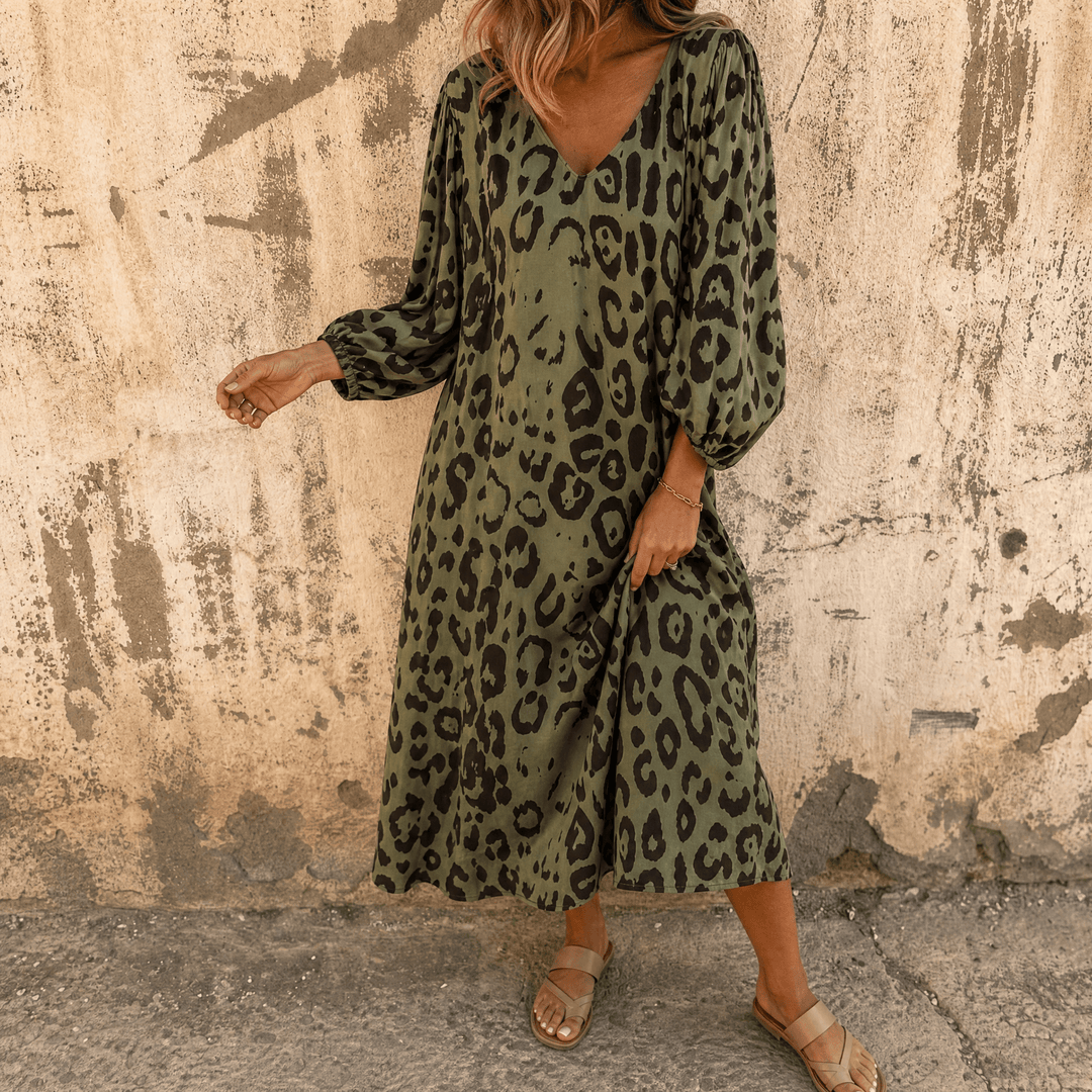 Vivara™ – Leopard Print V Neck Pocket Dress Army Green