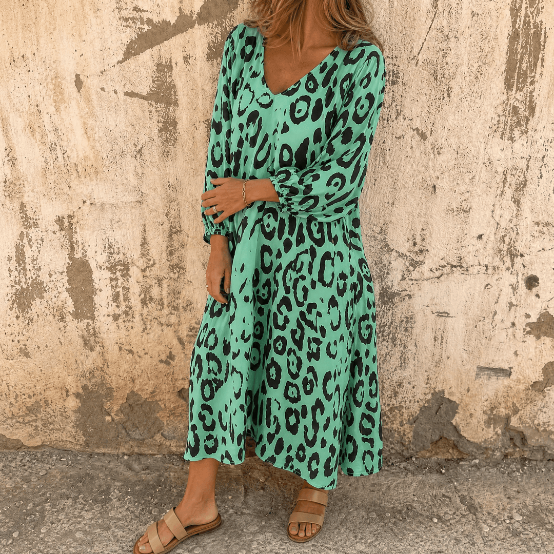 Vivara™ – Leopard Print V Neck Pocket Dress Green