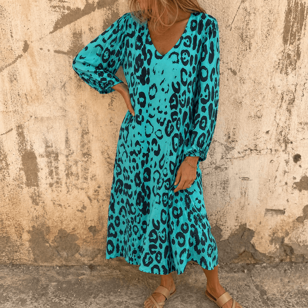 Vivara™ – Leopard Print V Neck Pocket Dress Teal