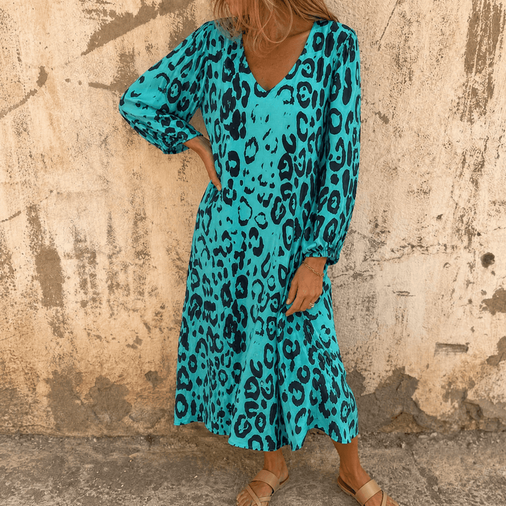 Vivara™ – Leopard Print V Neck Pocket Dress Teal