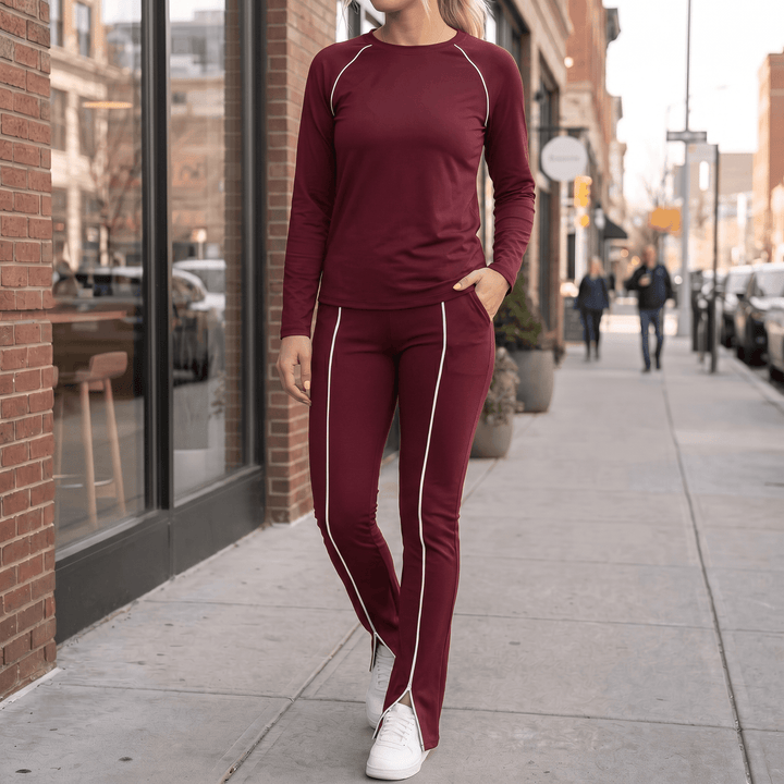 Vivara – Matching Long Sleeve Set with Contrast Piping Burgundy /