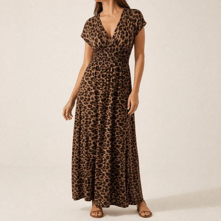 Vivara – Ruched Waist Leopard Maxi Dress Brown