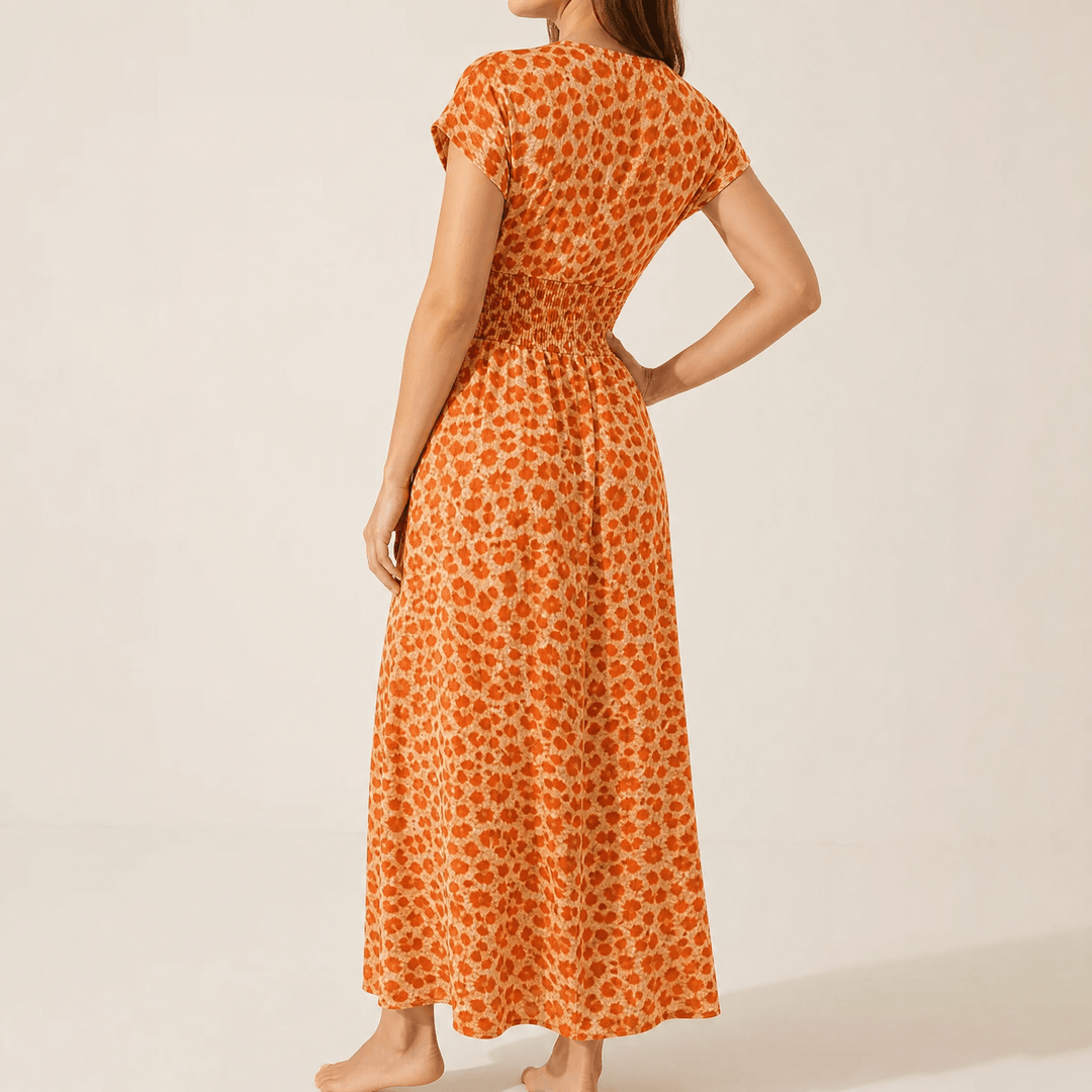 Vivara – Ruched Waist Leopard Maxi Dress Orange