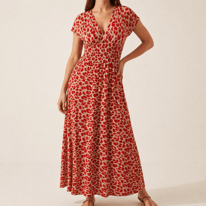 Vivara – Ruched Waist Leopard Maxi Dress Red