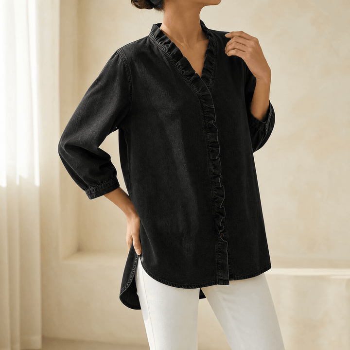 Vivara – Soft Ruffle V Neck Denim Blouse Black / S