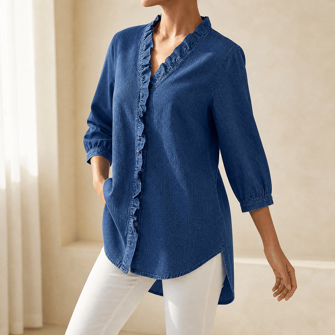 Vivara – Soft Ruffle V Neck Denim Blouse Blue / S