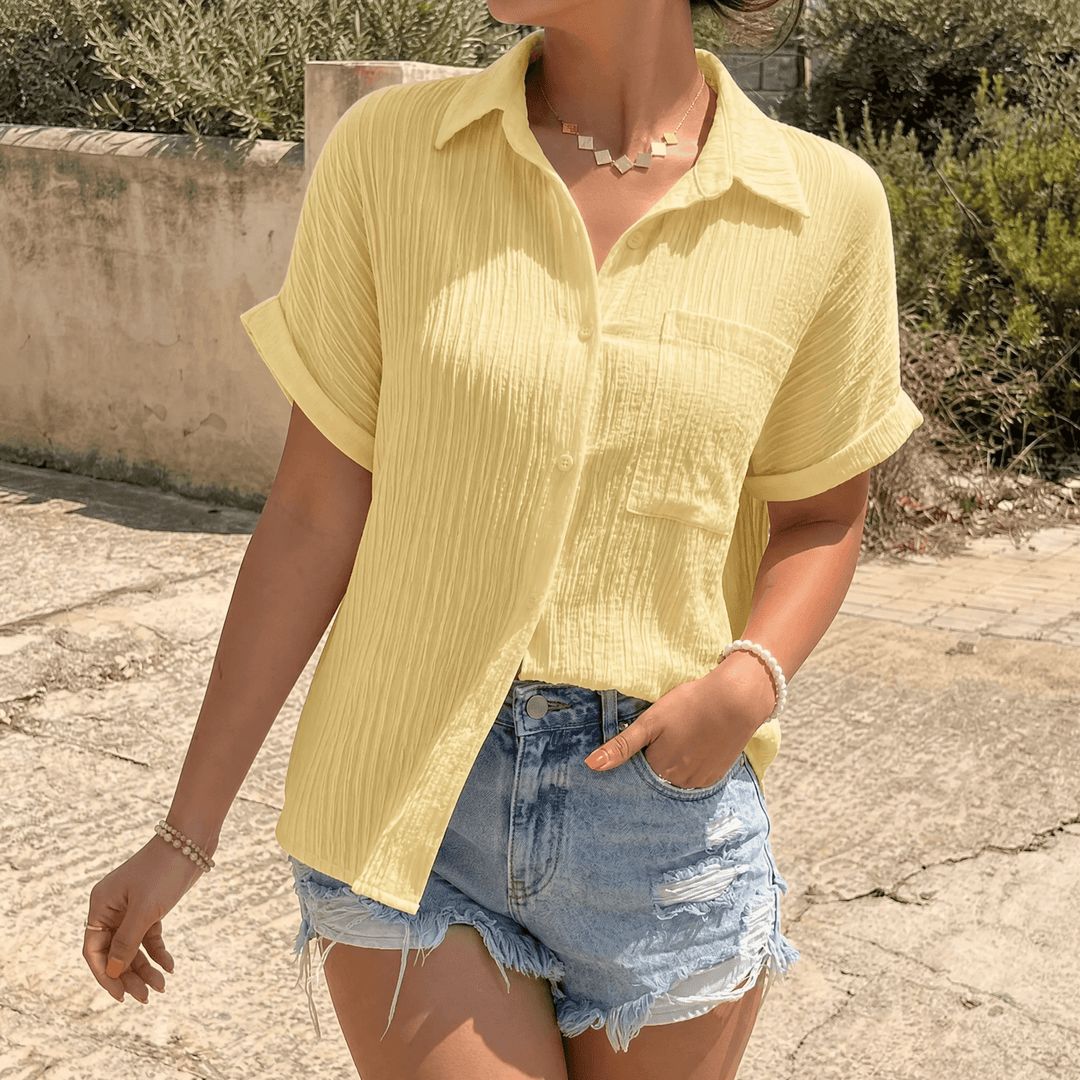 Vivara – Textured Crinkle Button Down Blouse for Women Yellow / S