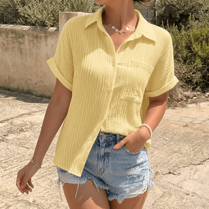 Vivara – Textured Crinkle Button Down Blouse for Women Yellow / S