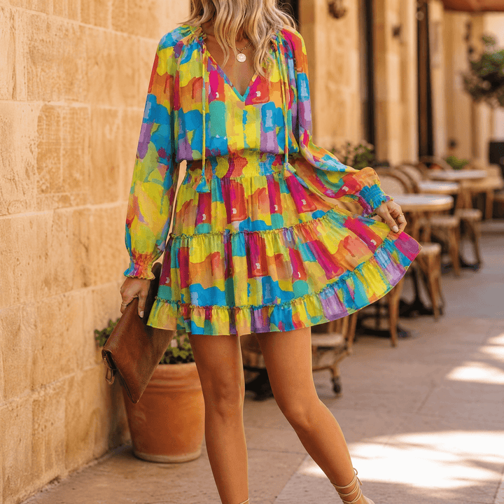 Vivara – V-Neck Ruffle Mini Dress with Lantern Sleeves Multicolored
