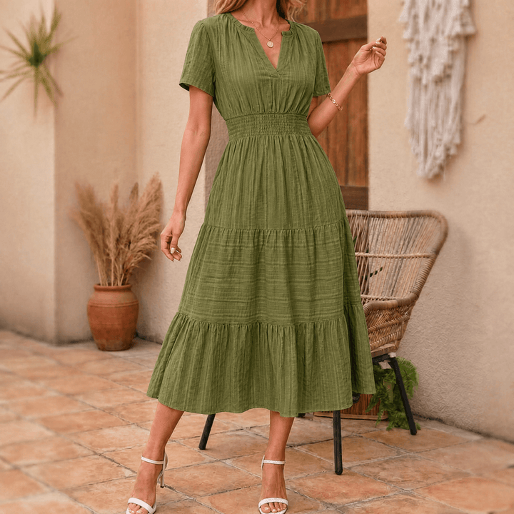 Vivara – Women's Flowing V-Neck Summer Maxi Dress olive