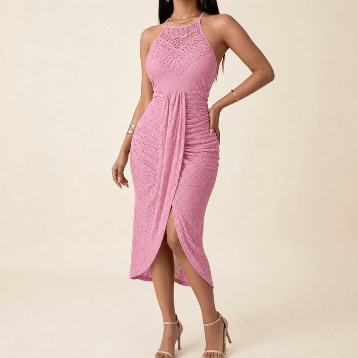 Vivara – Women's Lace Halterneck Maxi Dress Pink