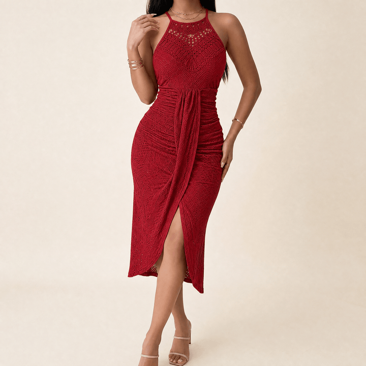 Vivara – Women's Lace Halterneck Maxi Dress Red