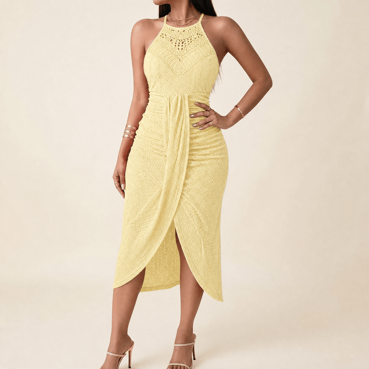 Vivara – Women's Lace Halterneck Maxi Dress Yellow