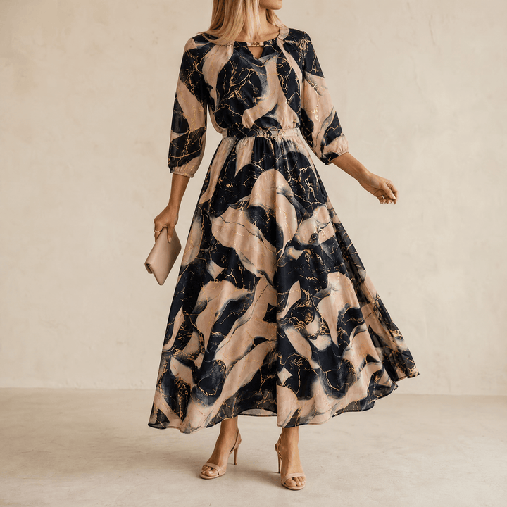 Vivara – Women's Marble Gold Chiffon Maxi Dress