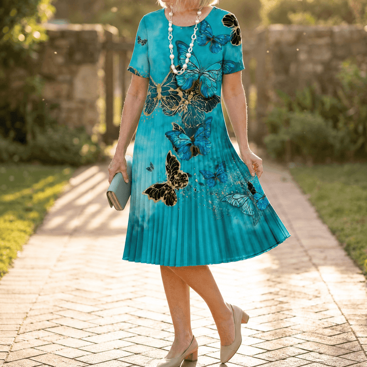 Vivara – Women's pleated gradient print dress Turquoise Butterfly