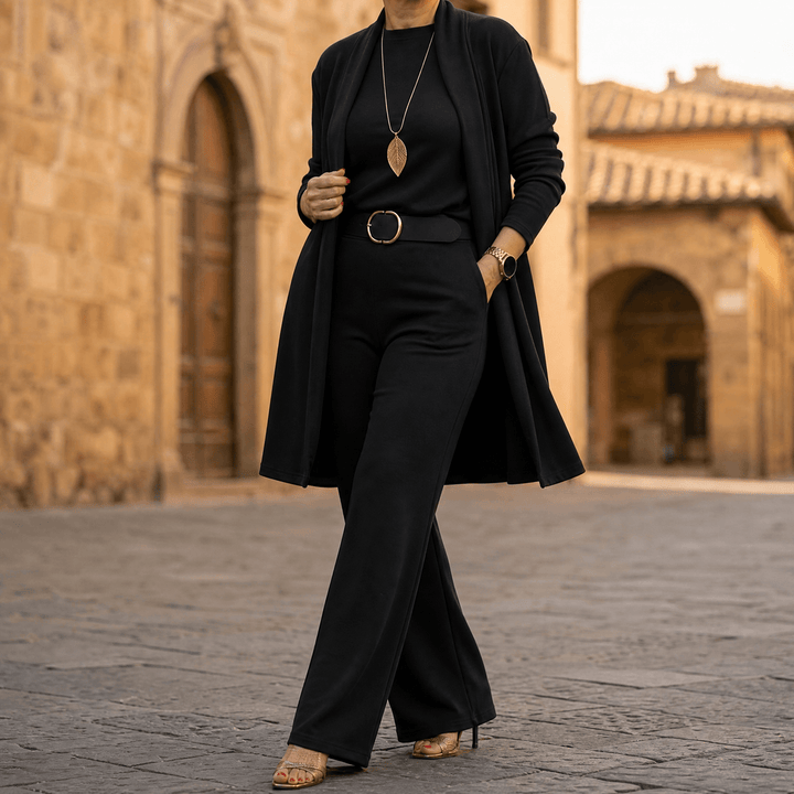 Vivara – Women's Three-Piece Matching Set with Longline Cardigan Black / S