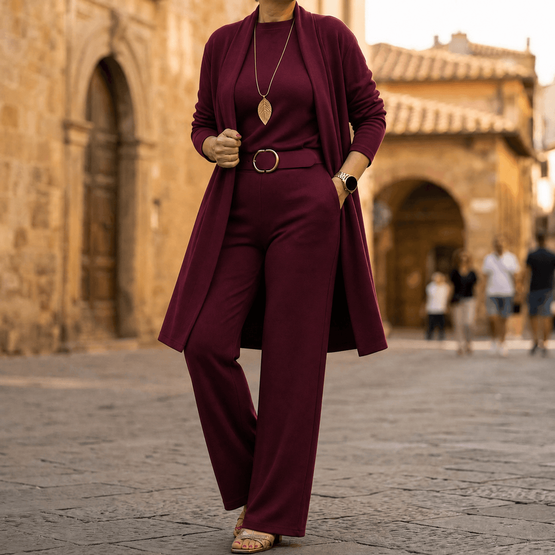 Vivara – Women's Three-Piece Matching Set with Longline Cardigan Burgundy / S