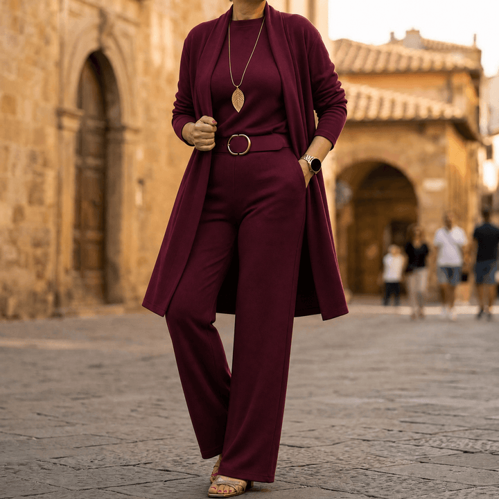 Vivara – Women's Three-Piece Matching Set with Longline Cardigan Burgundy / S