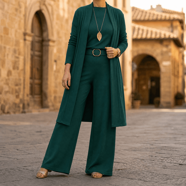 Vivara – Women's Three-Piece Matching Set with Longline Cardigan Emerald / S