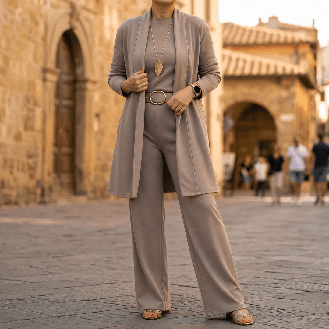 Vivara – Women's Three-Piece Matching Set with Longline Cardigan Taupe / S