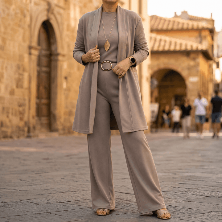 Vivara – Women's Three-Piece Matching Set with Longline Cardigan Taupe / S