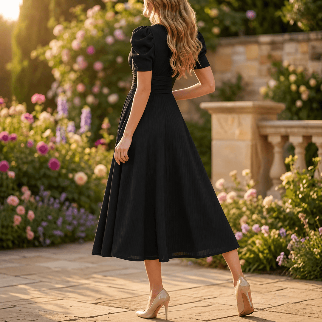 Vivella – Women's elegant puff sleeve midi dress Black