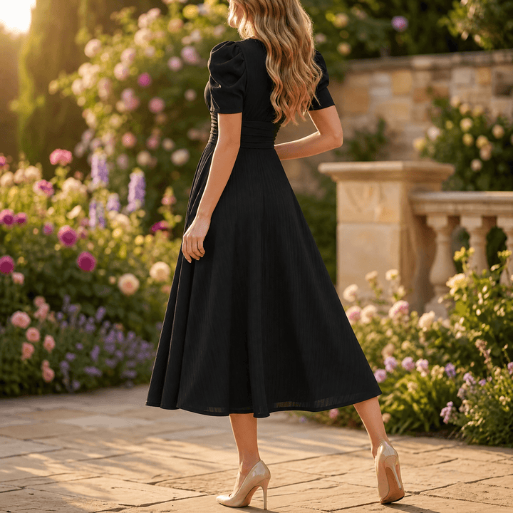 Vivella – Women's elegant puff sleeve midi dress Black