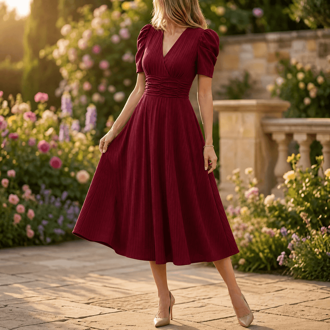 Vivella – Women's elegant puff sleeve midi dress Burgundy
