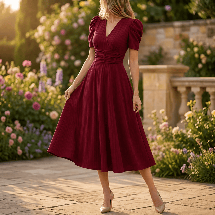 Vivella – Women's elegant puff sleeve midi dress Burgundy