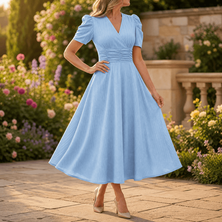 Vivella – Women's elegant puff sleeve midi dress Light Blue