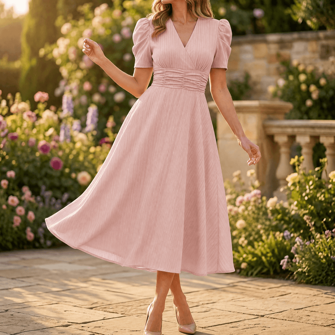 Vivella – Women's elegant puff sleeve midi dress Light Pink