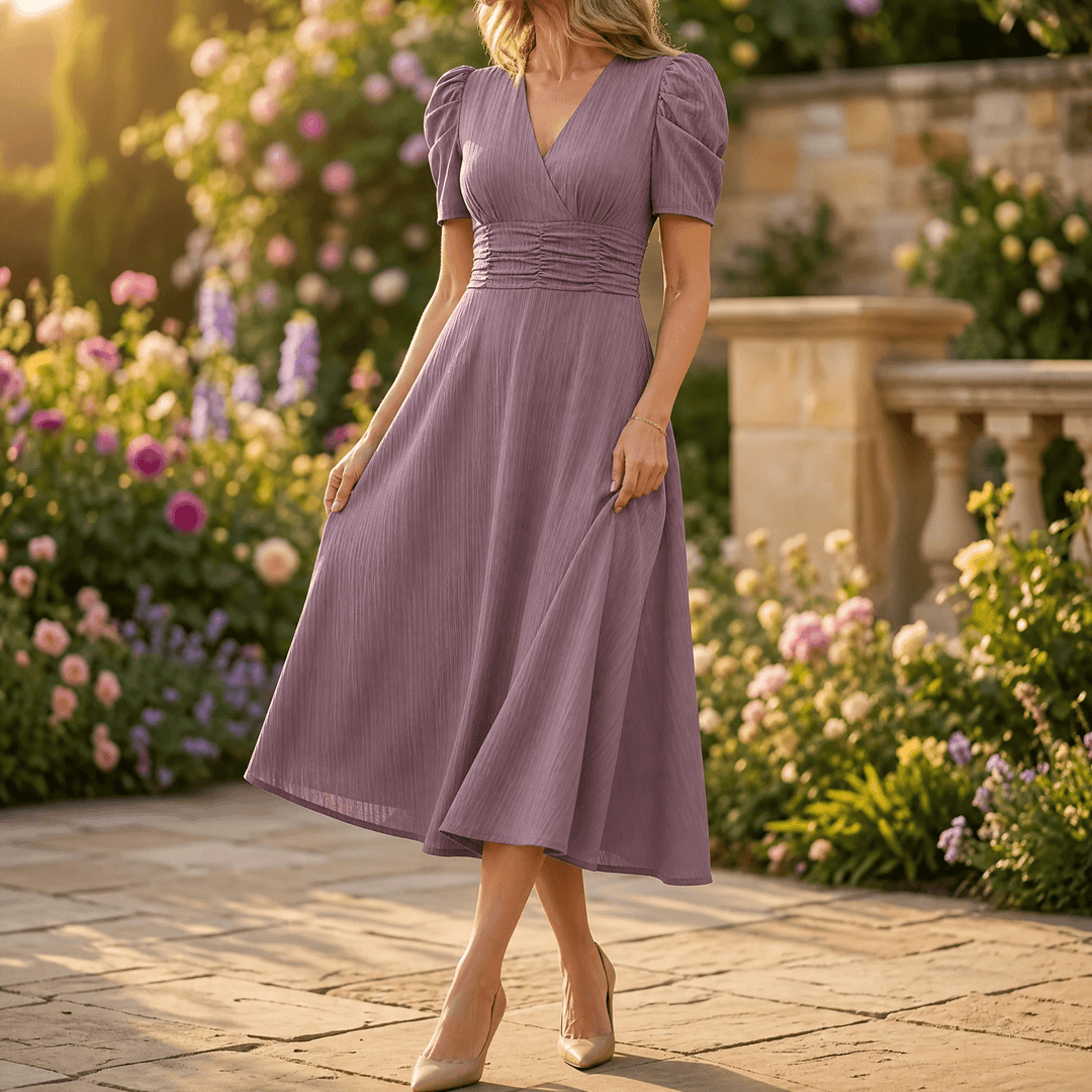Vivella – Women's elegant puff sleeve midi dress Mauve