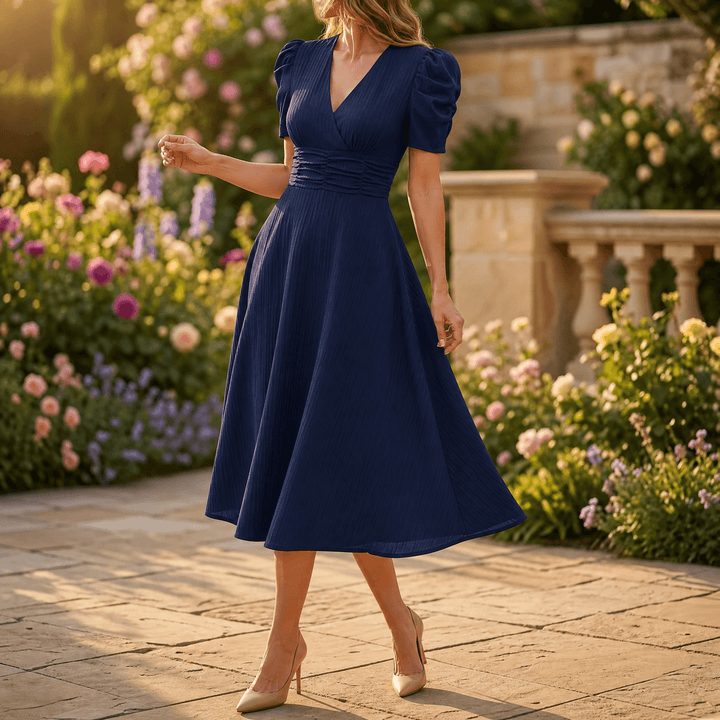 Vivella – Women's elegant puff sleeve midi dress Navy Blue