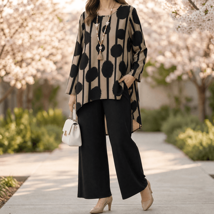 Vivelyn – Women's Bold Print High-Low Tunic & Wide-Leg Pants Set Black / S
