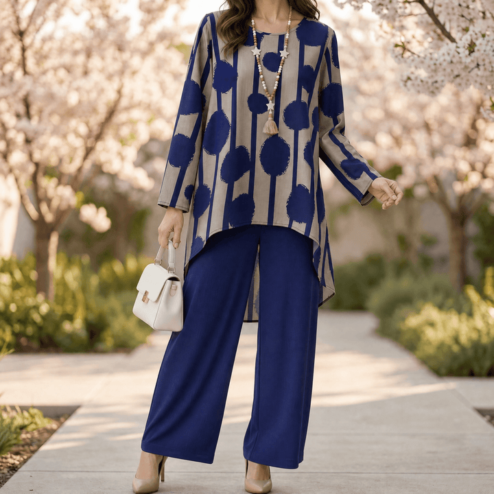 Vivelyn – Women's Bold Print High-Low Tunic & Wide-Leg Pants Set Navy / S