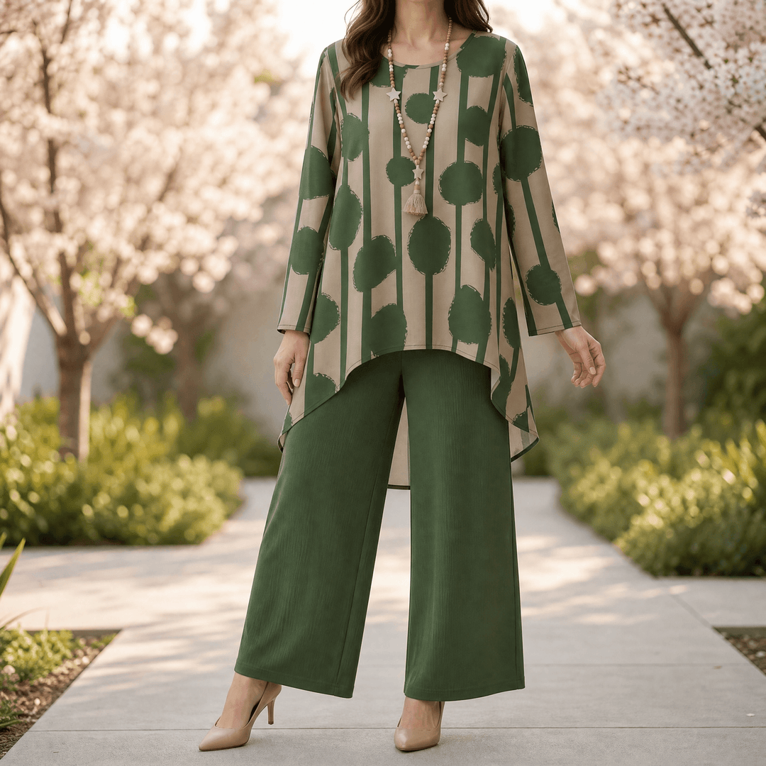 Vivelyn – Women's Bold Print High-Low Tunic & Wide-Leg Pants Set Olive Green / S