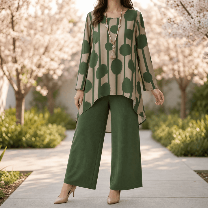 Vivelyn – Women's Bold Print High-Low Tunic & Wide-Leg Pants Set Olive Green / S