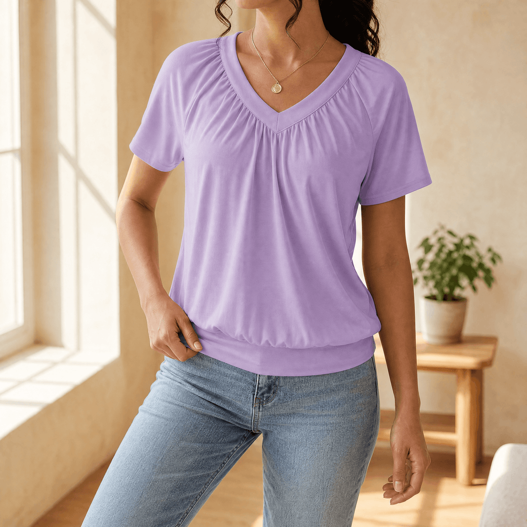 Vivelyn – Women's pleated V-neck blouson top Lavender / S