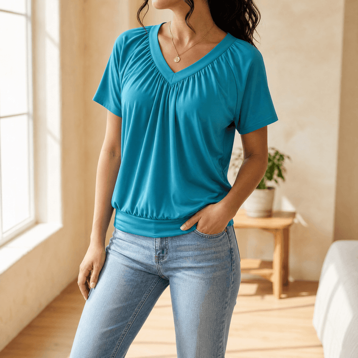 Vivelyn – Women's pleated V-neck blouson top Teal / S