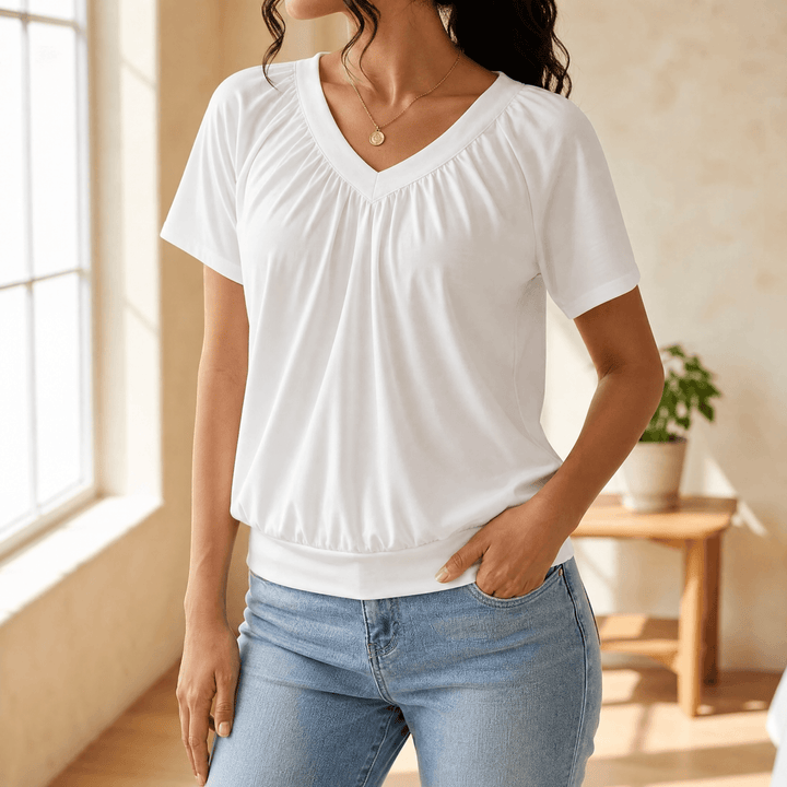 Vivelyn – Women's pleated V-neck blouson top White / S