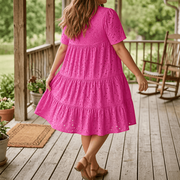 Wearbella – Flowy V-Neck Eyelet Dress for Curvy Fit Hot Pink