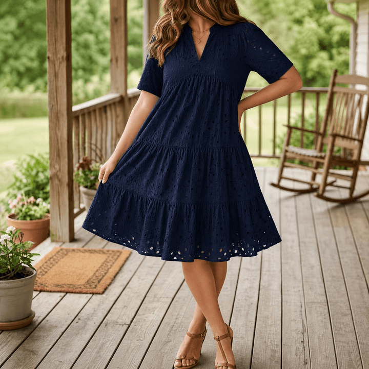Wearbella – Flowy V-Neck Eyelet Dress for Curvy Fit Navy Blue