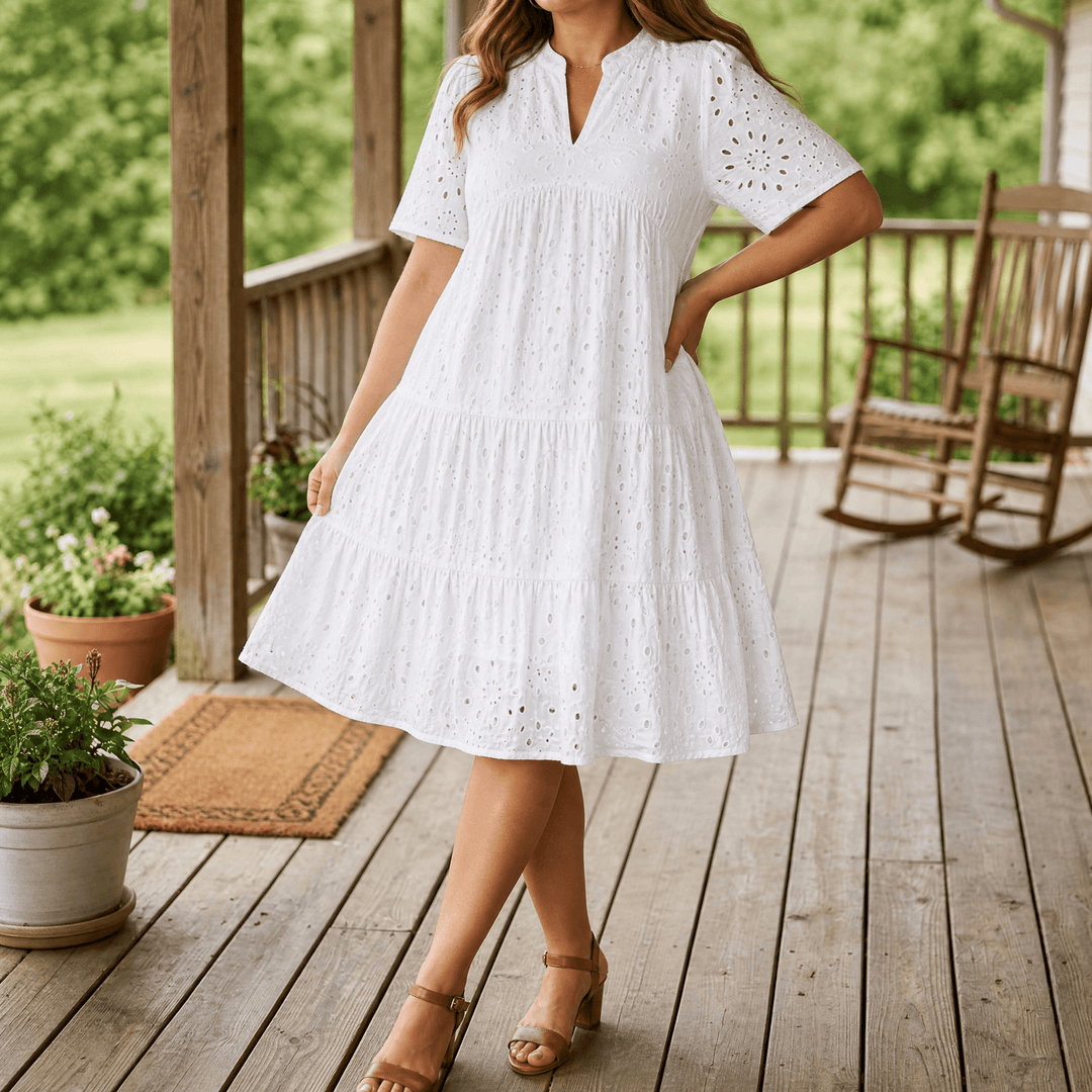 Wearbella – Flowy V-Neck Eyelet Dress for Curvy Fit White