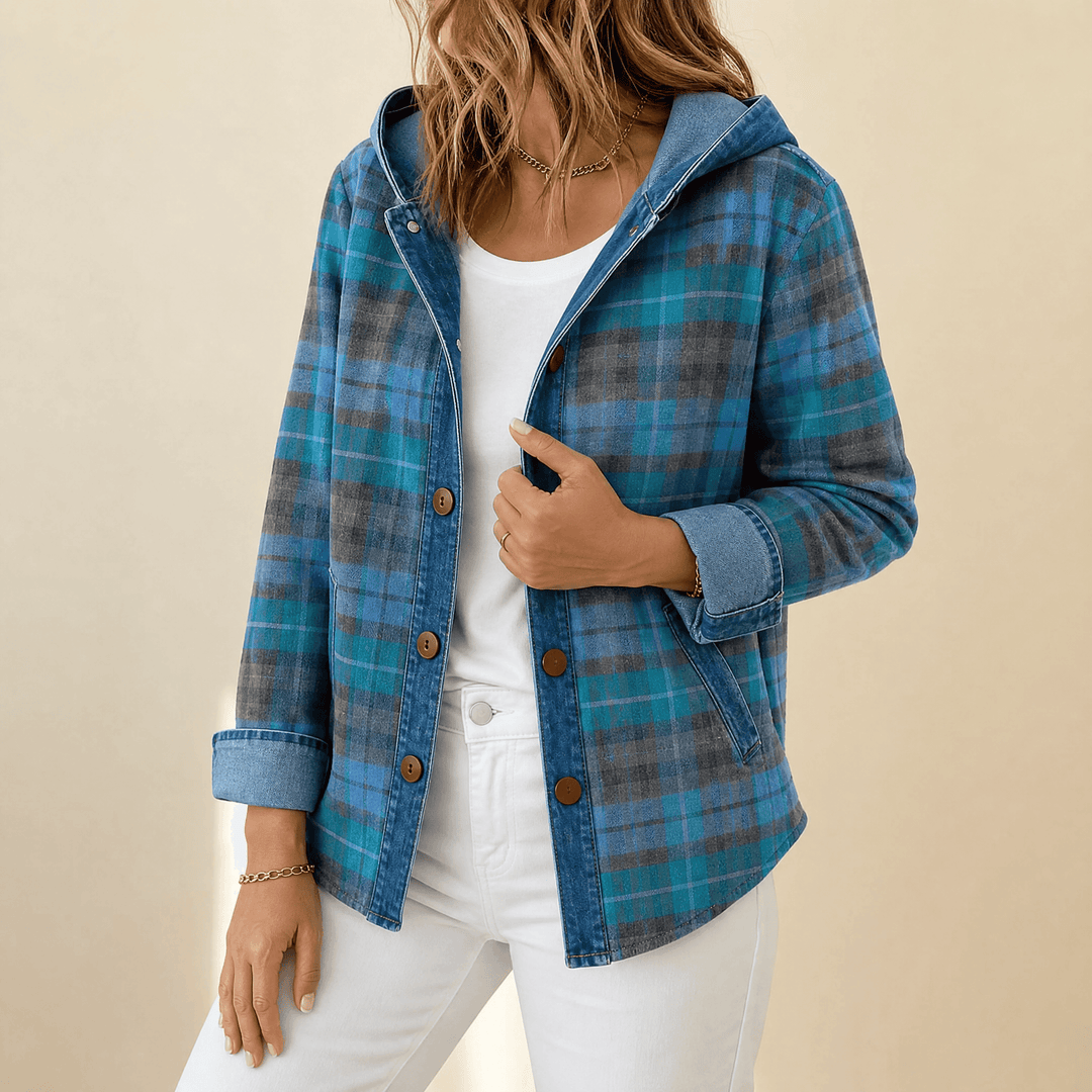 Weslyn – Women’s Contrast Denim Plaid Hooded Jacket Blue / S