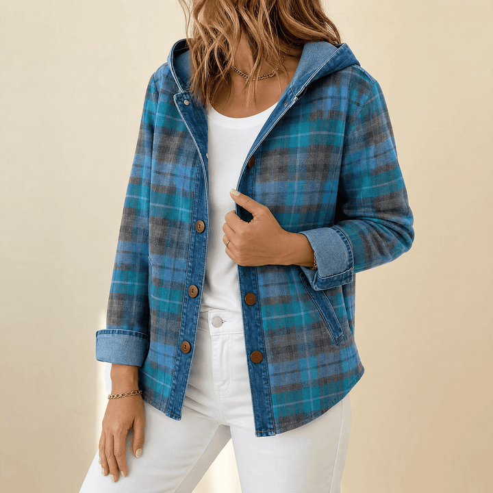 Weslyn – Women’s Contrast Denim Plaid Hooded Jacket Blue / S