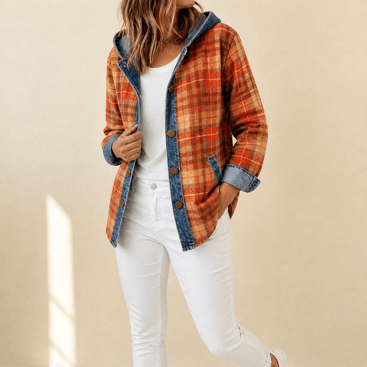 Weslyn – Women’s Contrast Denim Plaid Hooded Jacket Red orange / S