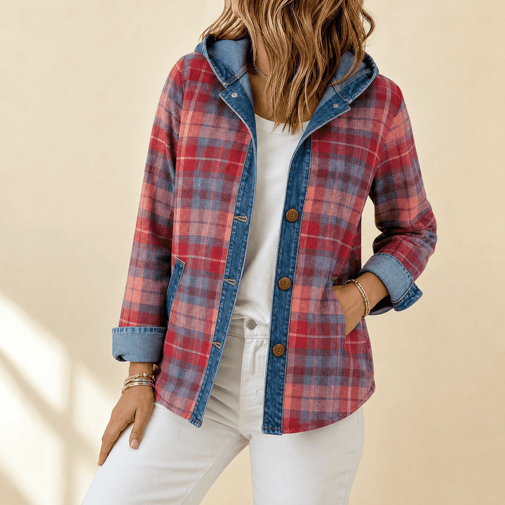Weslyn – Women’s Contrast Denim Plaid Hooded Jacket Red / S