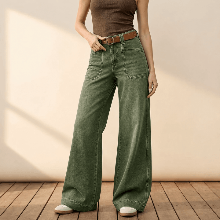 Widera – Retro Patch Pocket Wide Leg Jeans for Women Army Green