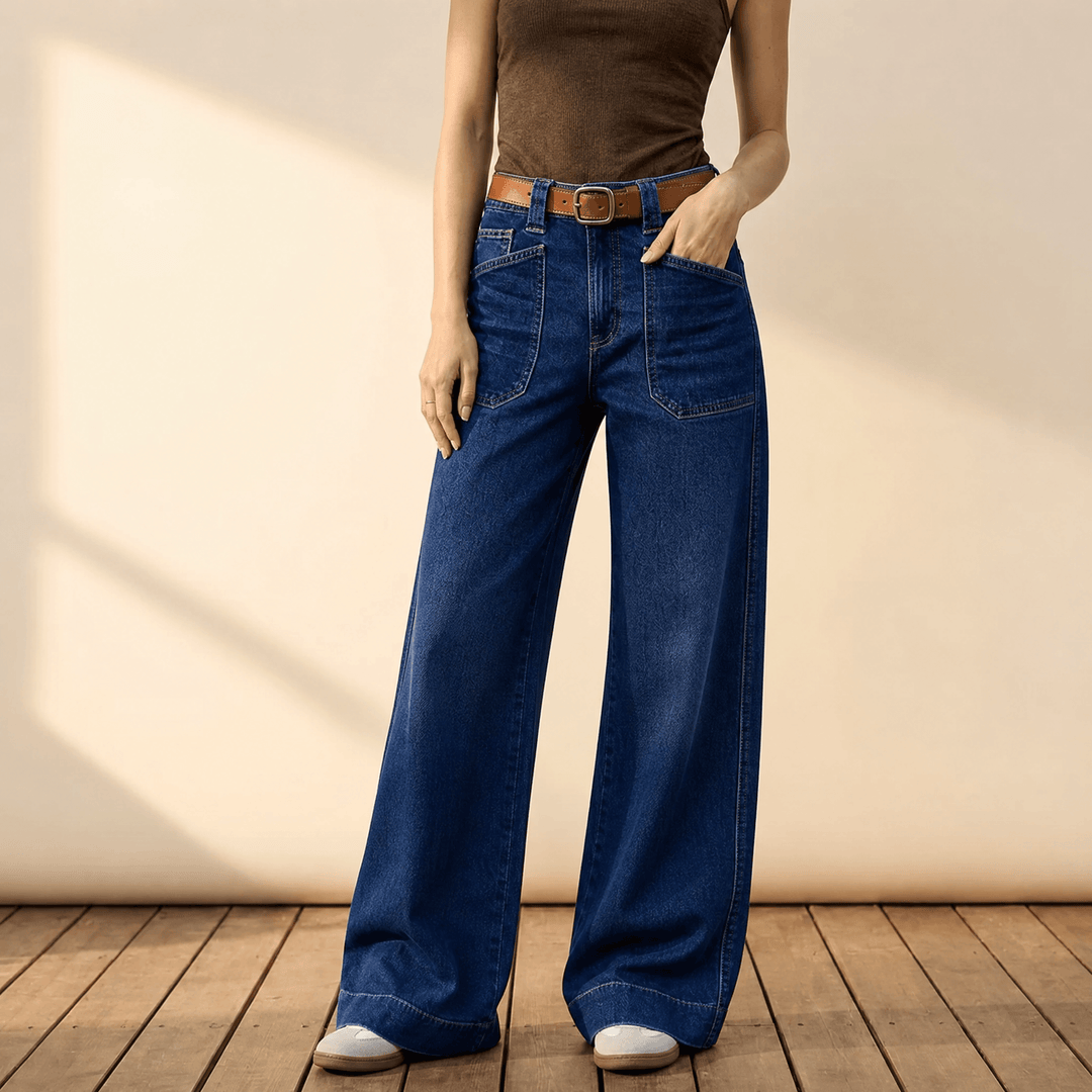 Widera – Retro Patch Pocket Wide Leg Jeans for Women Dark Blue