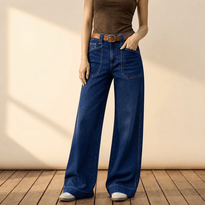 Widera – Retro Patch Pocket Wide Leg Jeans for Women Dark Blue